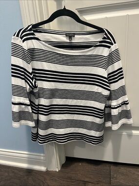 Talbots Black and White Striped Bell-Sleeve Top